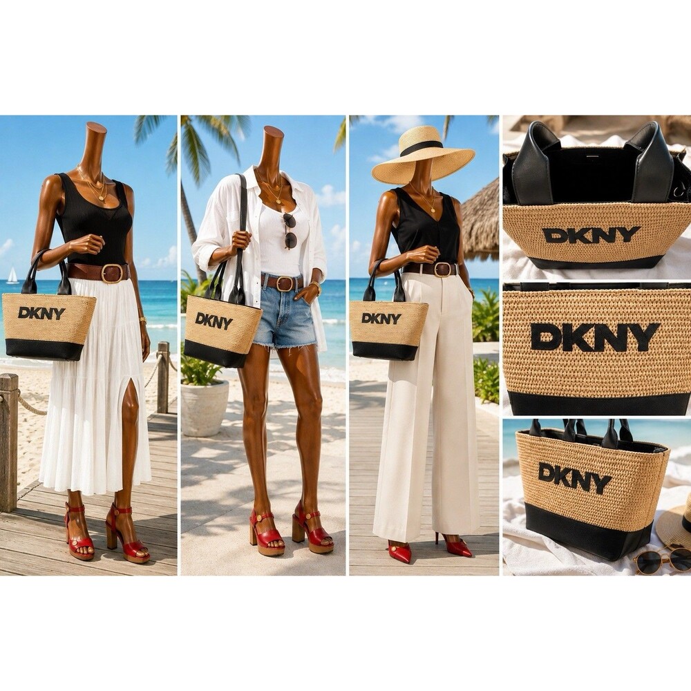 DKNY Black Beige Tote Bag Silver Hardware Logo Accent Detachable Strap Crossbody